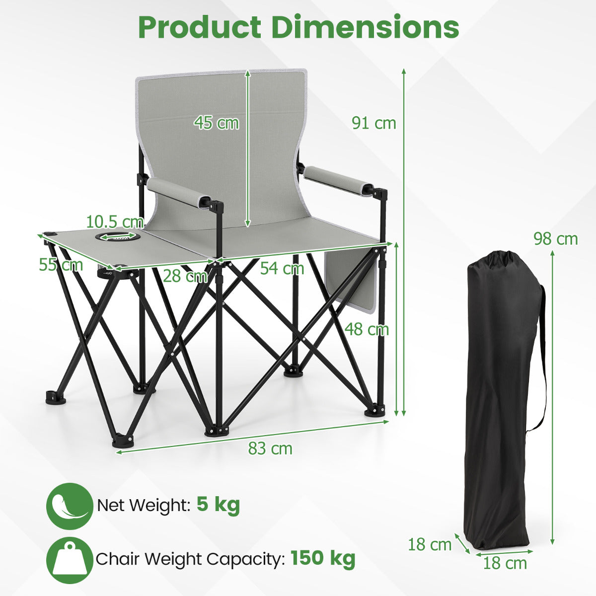 Oversized Camping Chair with Side Table and 2 Storage Pockets-Grey-1 piece