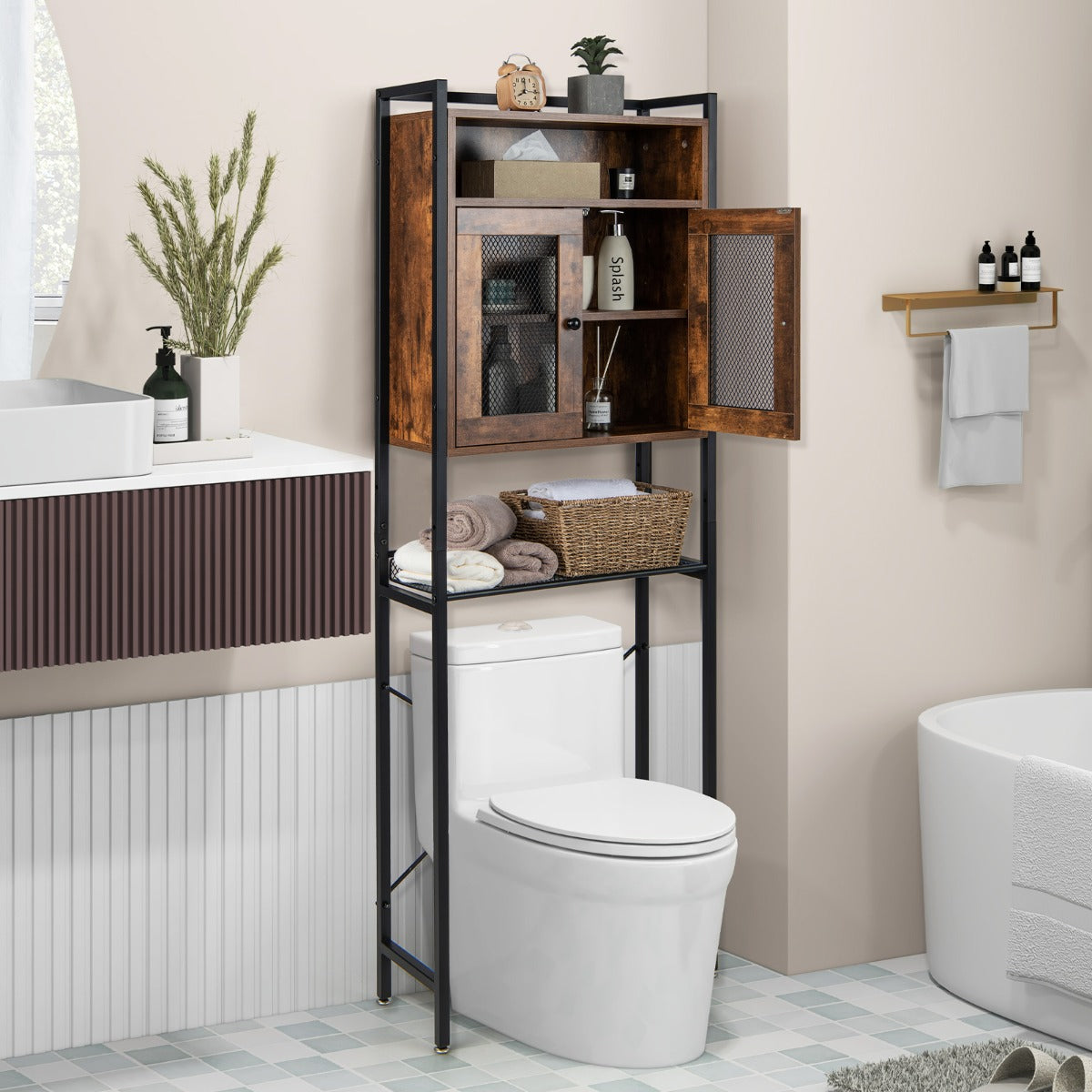 Over-The-Toilet Storage Cabinet Bathroom Organizer with 2 Doors-Brown