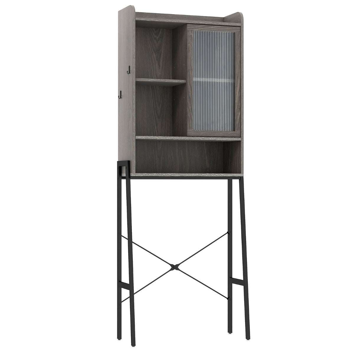 Stable metal bathroom space saver with adjustable shelves and dual anti-toppling wall devices