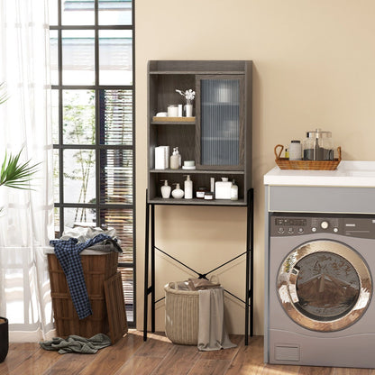 Rustic over-the-toilet organizer with raised top shelf and six compartments for bath essentials