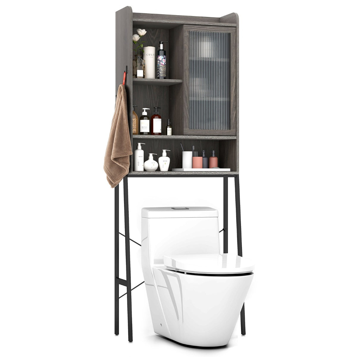 Heavy-duty trapezoid metal frame and X-shaped supports provide excellent stability above the toilet