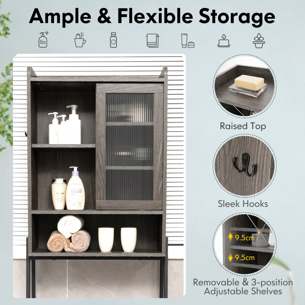 Water-resistant bathroom cabinet with adjustable foot pads for uneven floors and added floor protection