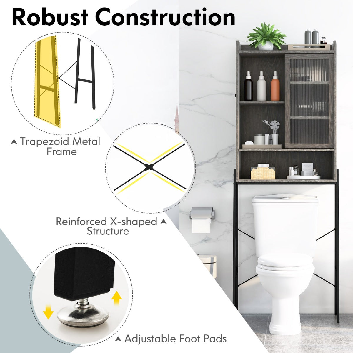 Over-the-toilet storage cabinet with hooks, shelves, and enclosed space for an organized bathroom