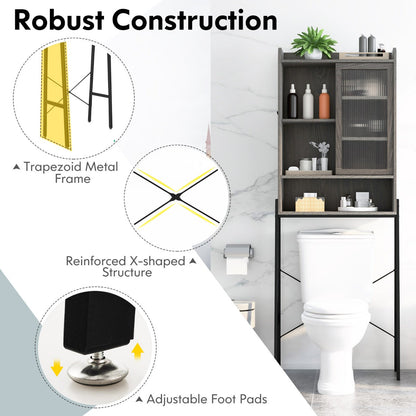 Over-the-toilet storage cabinet with hooks, shelves, and enclosed space for an organized bathroom