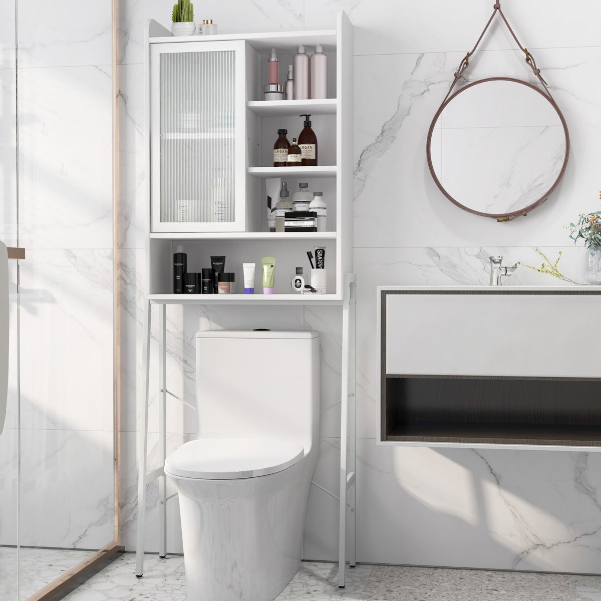 Bathroom space saver with semi-transparent sliding door and smooth guide rails for easy access