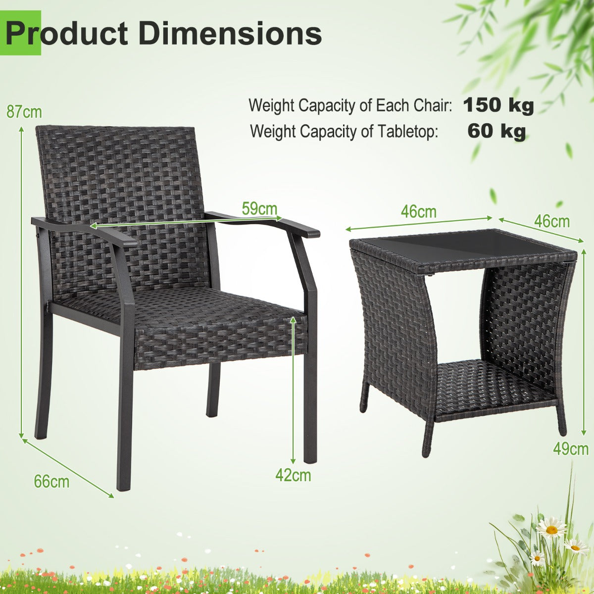 Three-piece patio rattan set with two quick-drying foam chairs and a two-tier glass coffee table