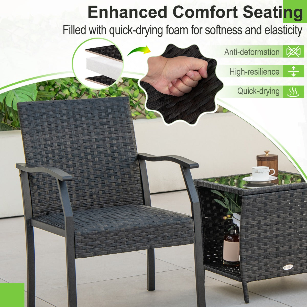 Costway 3 Piece Patio Wicker Chair Set with Cushioned Seat For Backyard