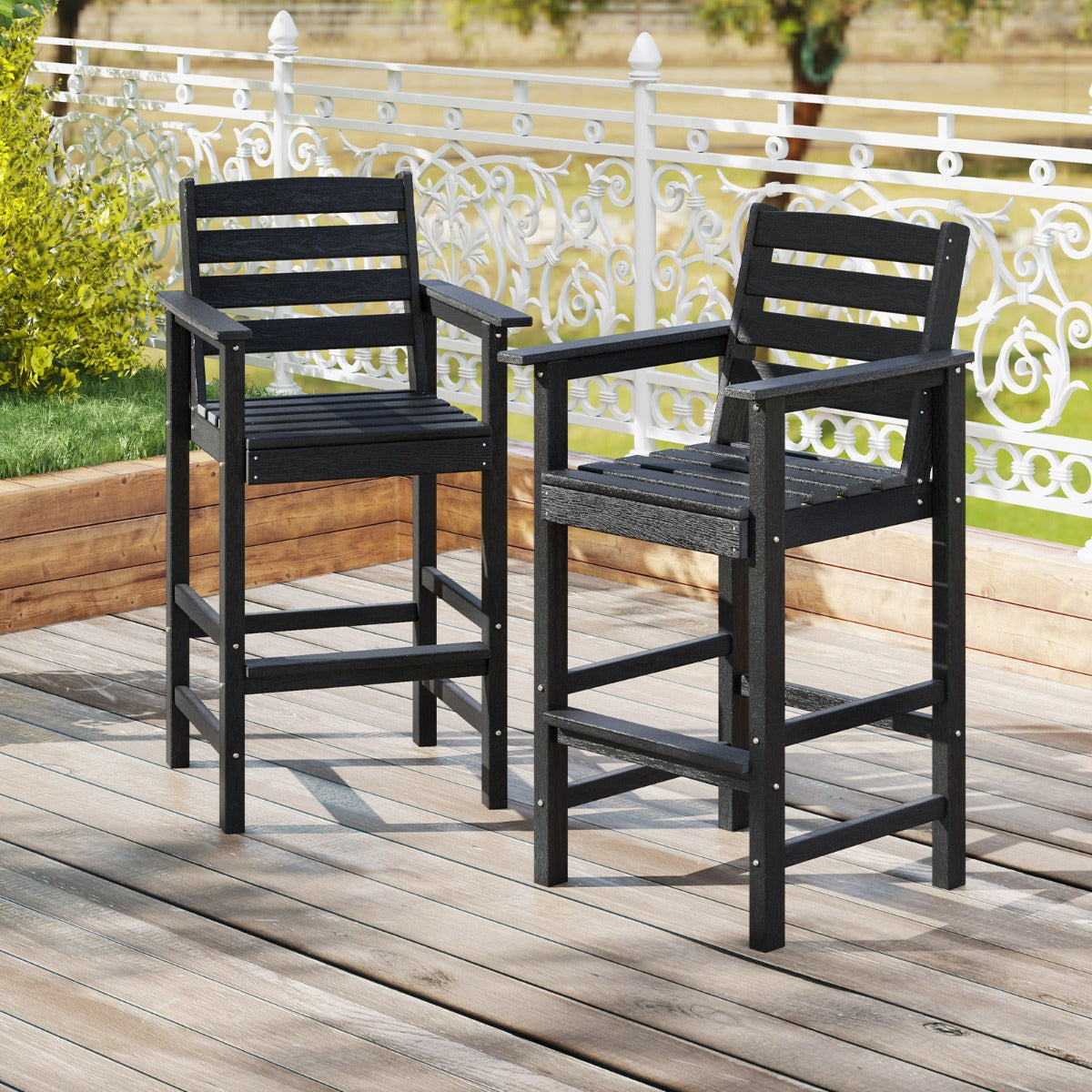 Patio Adirondack Bar Chairs Set of 2 with Wide Armrests and Footrest-Black