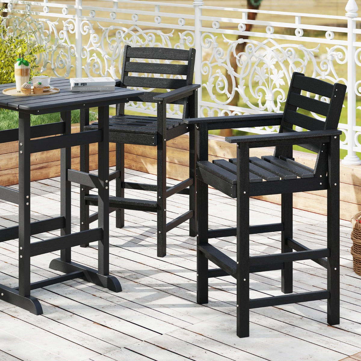 Patio Adirondack Bar Chairs Set of 2 with Wide Armrests and Footrest-Black