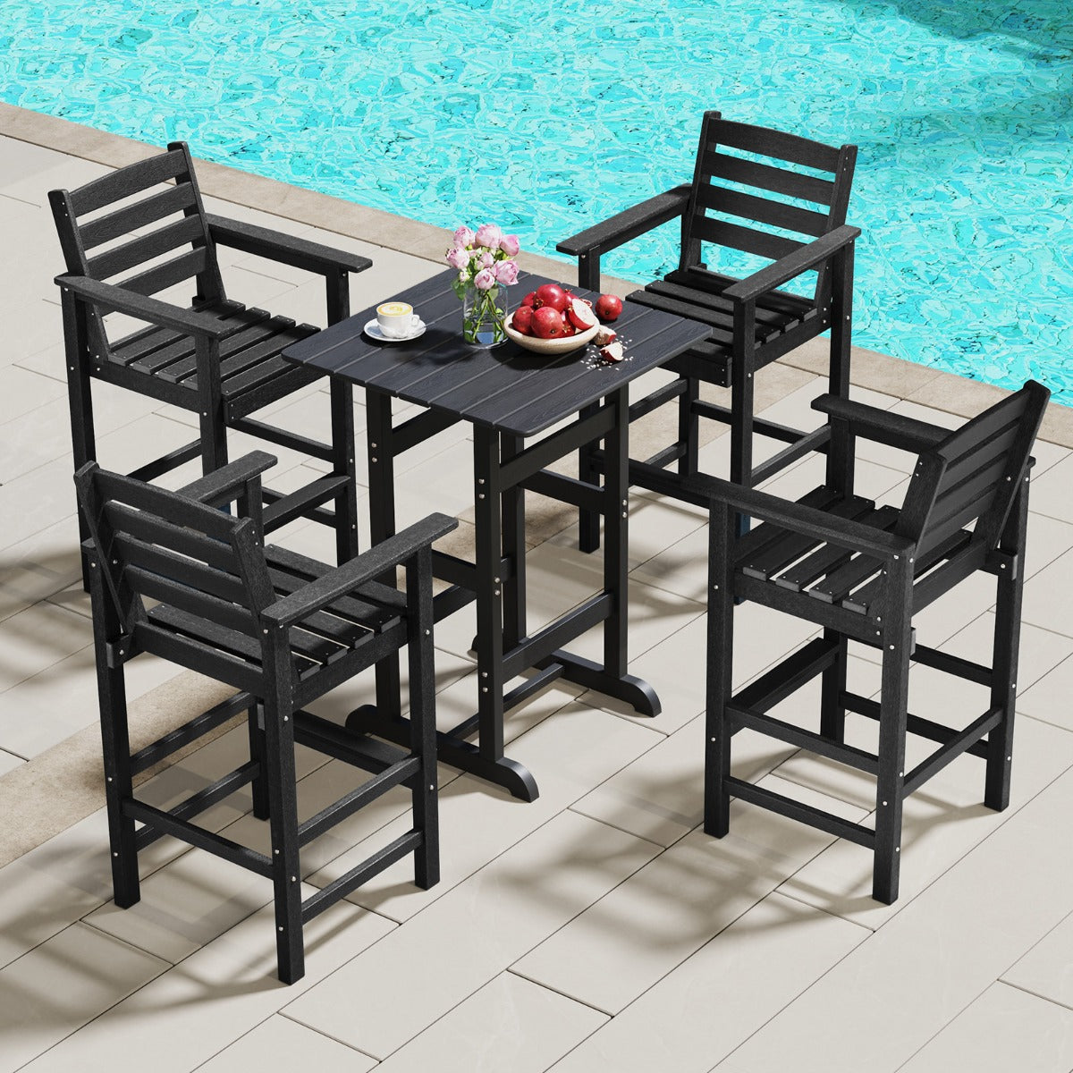 Patio Adirondack Bar Chairs Set of 2 with Wide Armrests and Footrest-Black