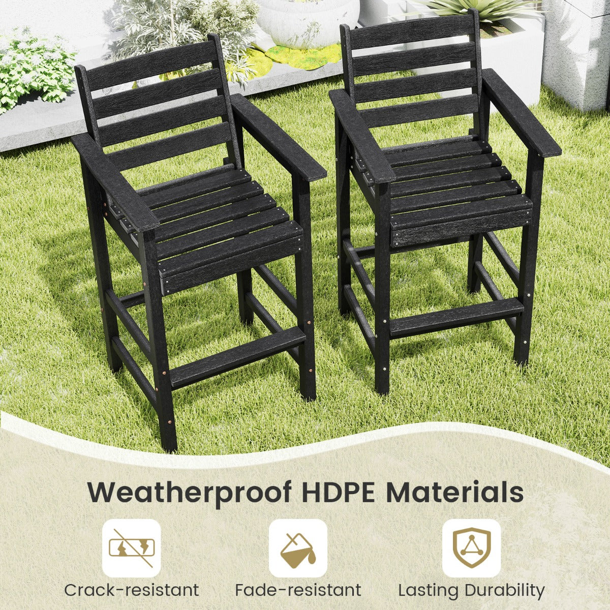 Patio Adirondack Bar Chairs Set of 2 with Wide Armrests and Footrest-Black