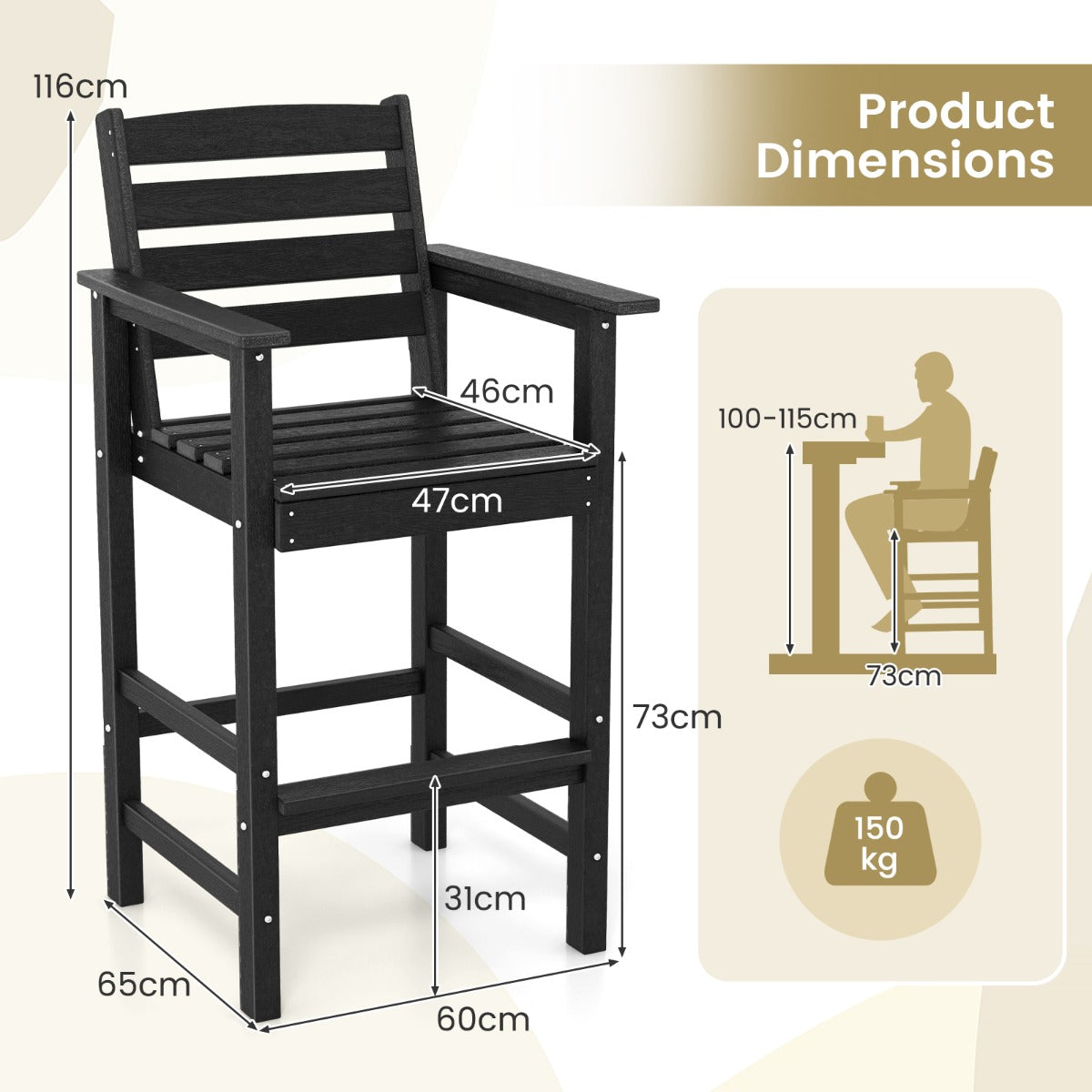 Patio Adirondack Bar Chairs Set of 2 with Wide Armrests and Footrest-Black