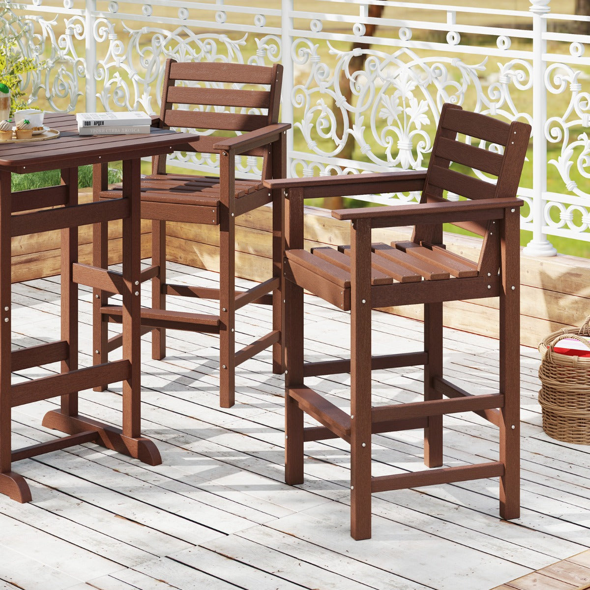 Patio Adirondack Bar Chairs Set of 2 with Wide Armrests and Footrest-Brown