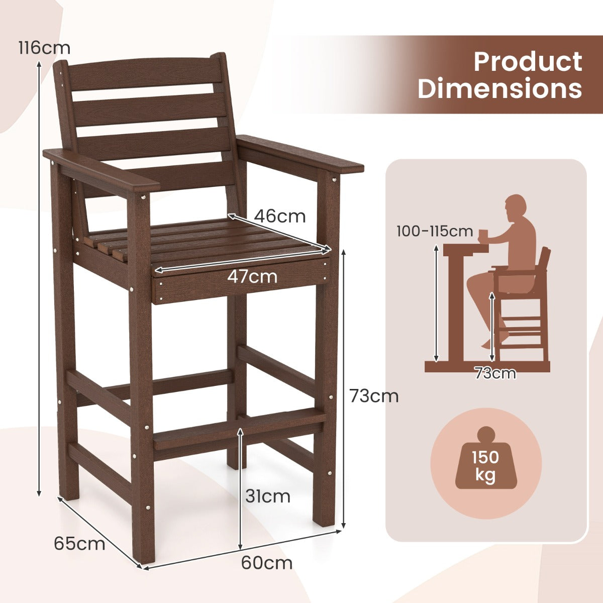 Patio Adirondack Bar Chairs Set of 2 with Wide Armrests and Footrest-Brown