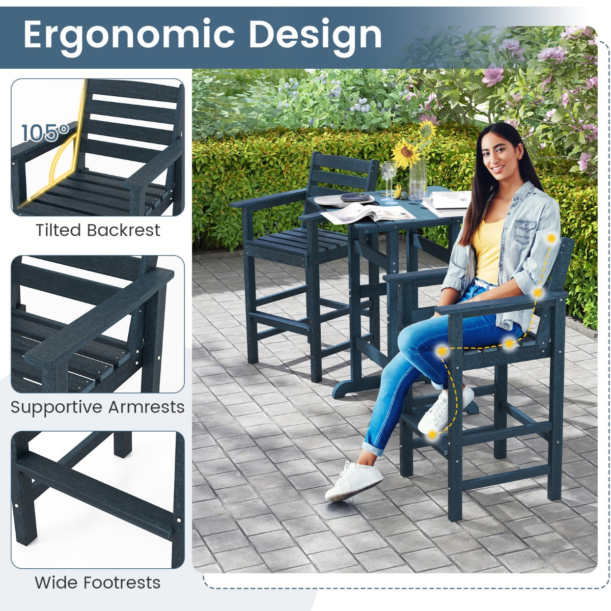 Patio Adirondack Bar Chairs Set of 2 with Wide Armrests and Footrest-Navy
