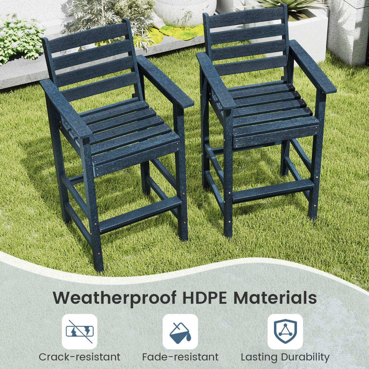 Patio Adirondack Bar Chairs Set of 2 with Wide Armrests and Footrest-Navy