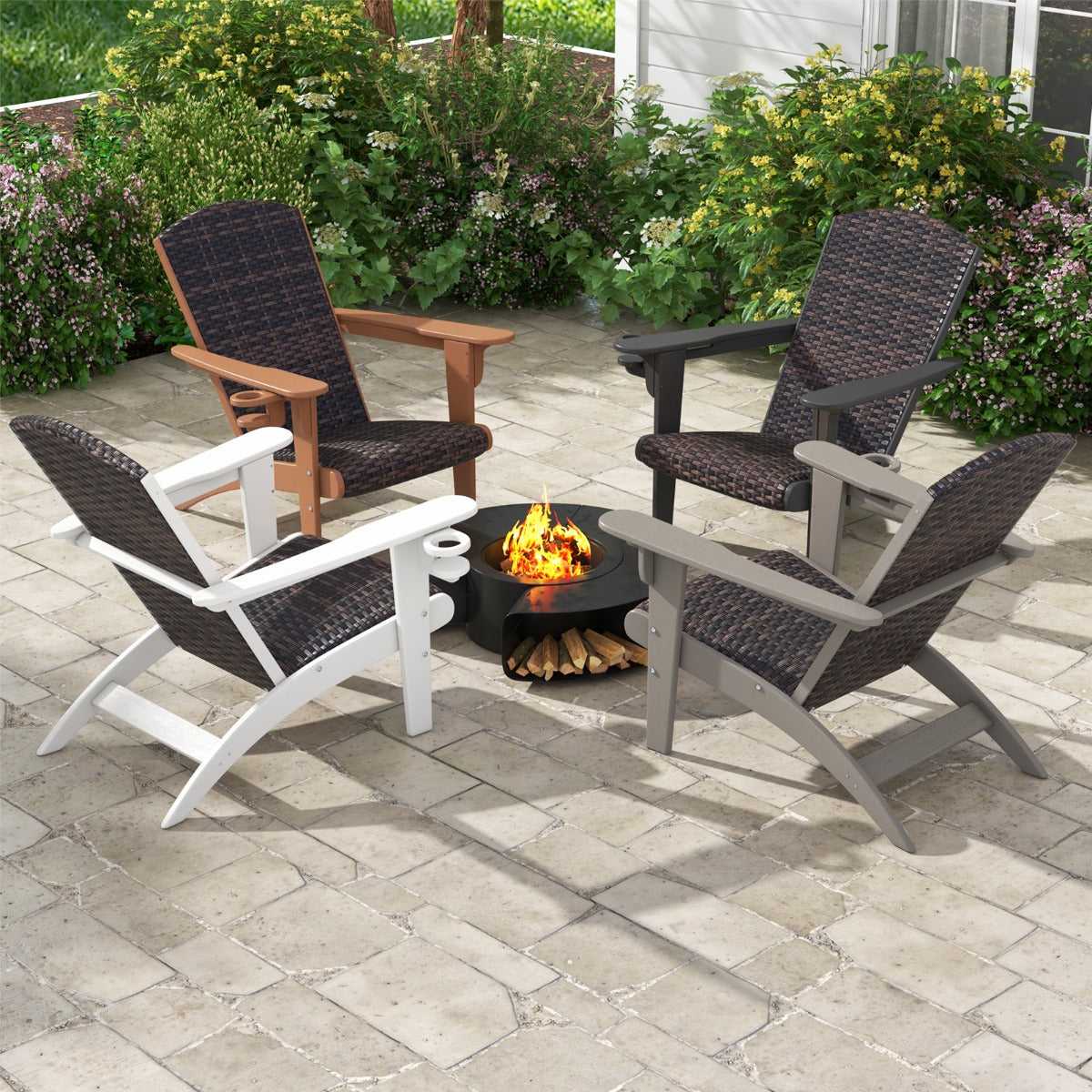 Patio Adirondack HDPE Lounge Chair with Rattan Padded Seat and Back-Grey