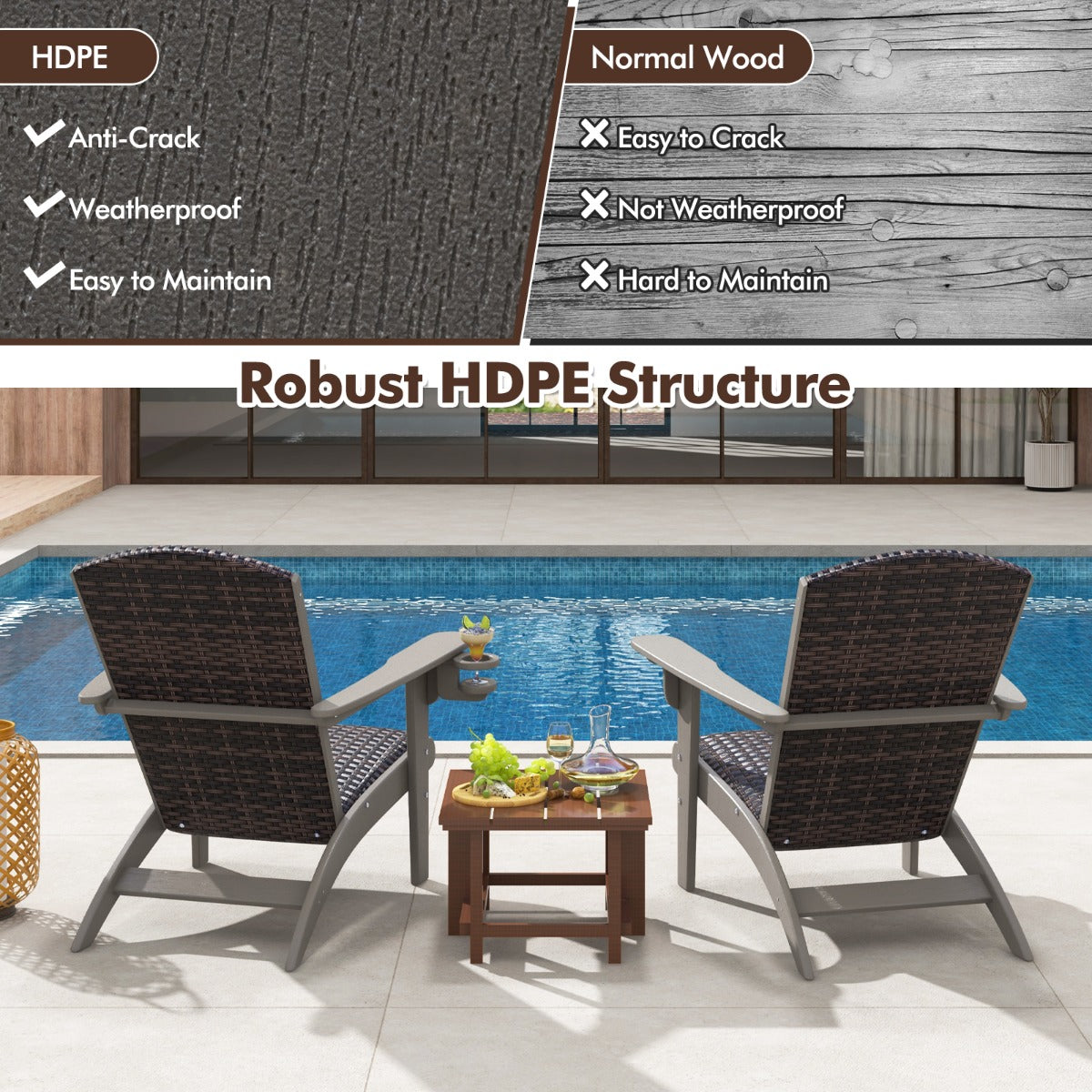 Patio Adirondack HDPE Lounge Chair with Rattan Padded Seat and Back-Grey