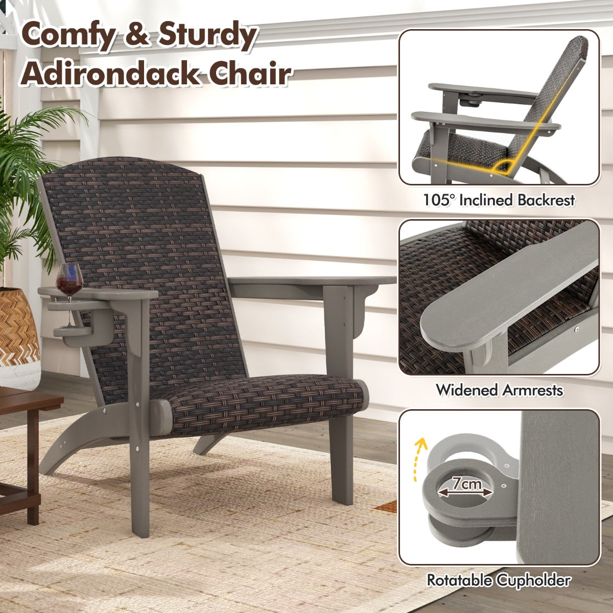 Patio Adirondack HDPE Lounge Chair with Rattan Padded Seat and Back-Grey