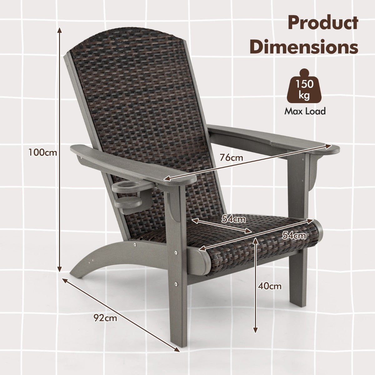 Patio Adirondack HDPE Lounge Chair with Rattan Padded Seat and Back-Grey