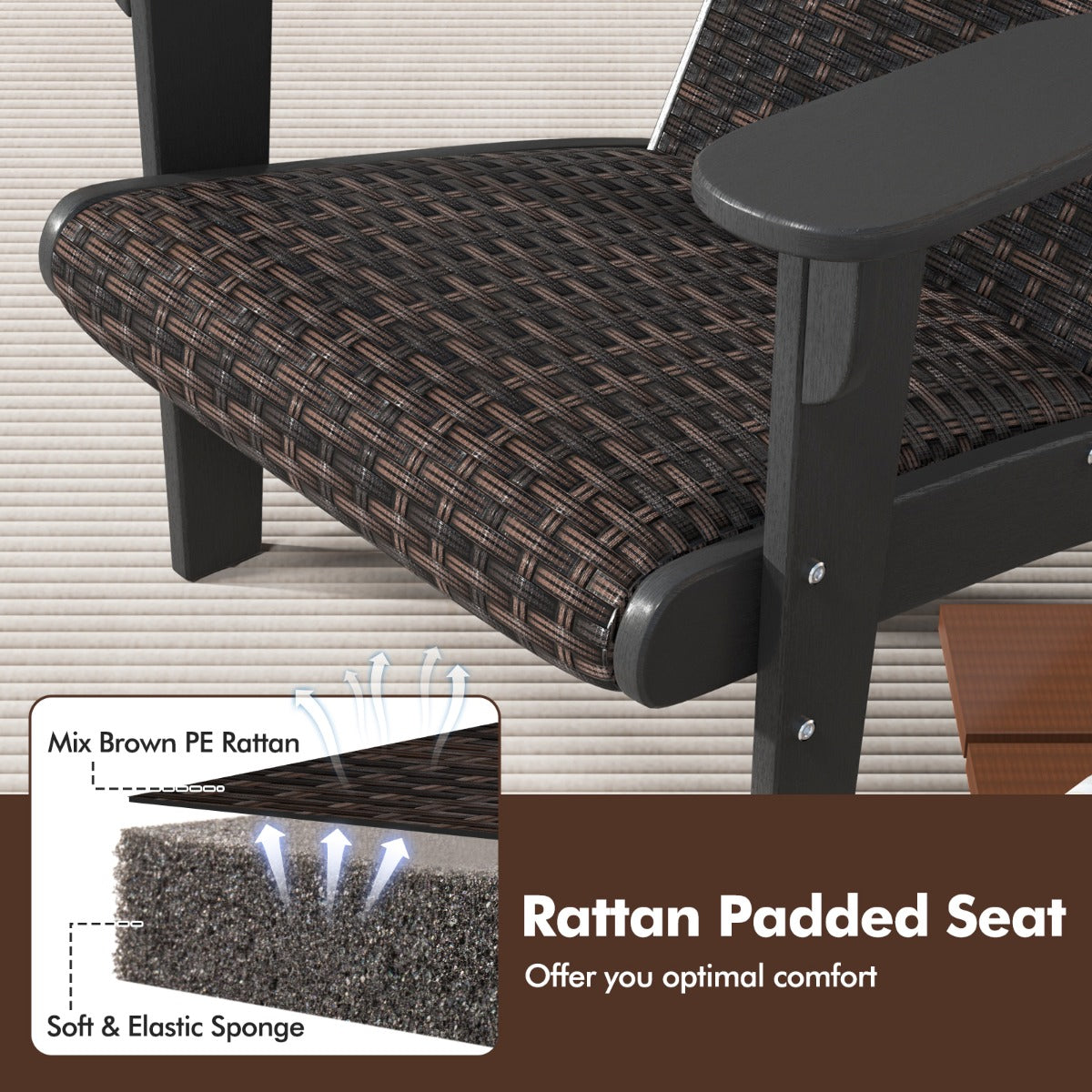 Patio Adirondack HDPE Lounge Chair with Rattan Padded Seat and Back-Black