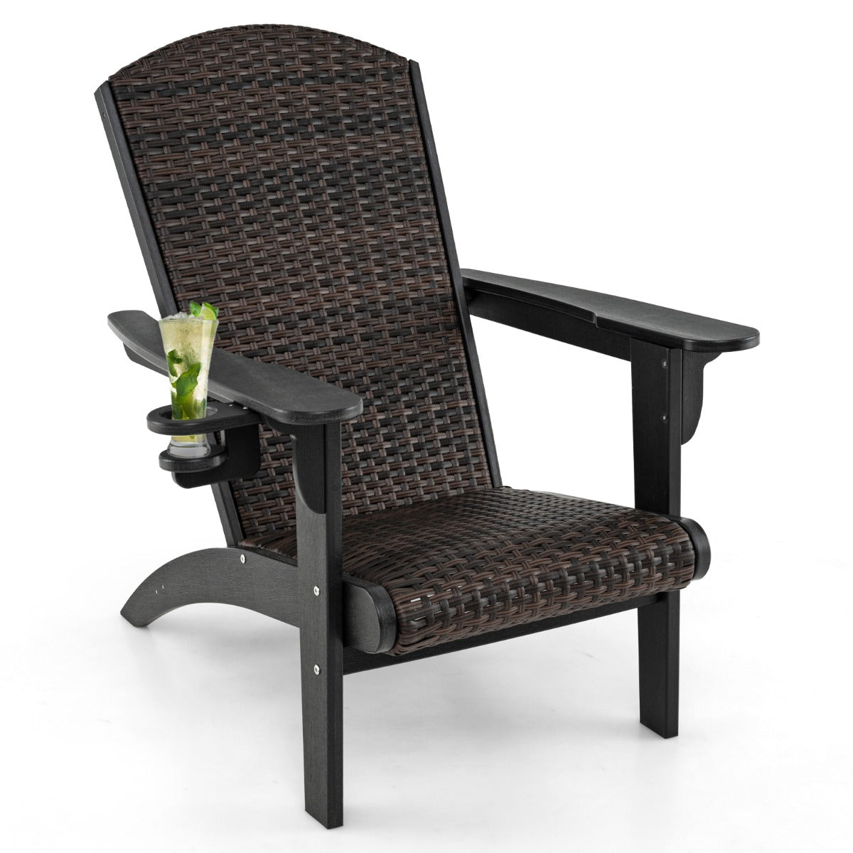 Patio Adirondack HDPE Lounge Chair with Rattan Padded Seat and Back-Black
