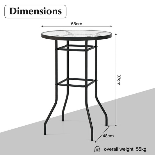 97 cm outdoor bistro bar table with durable tempered glass top and black metal frame