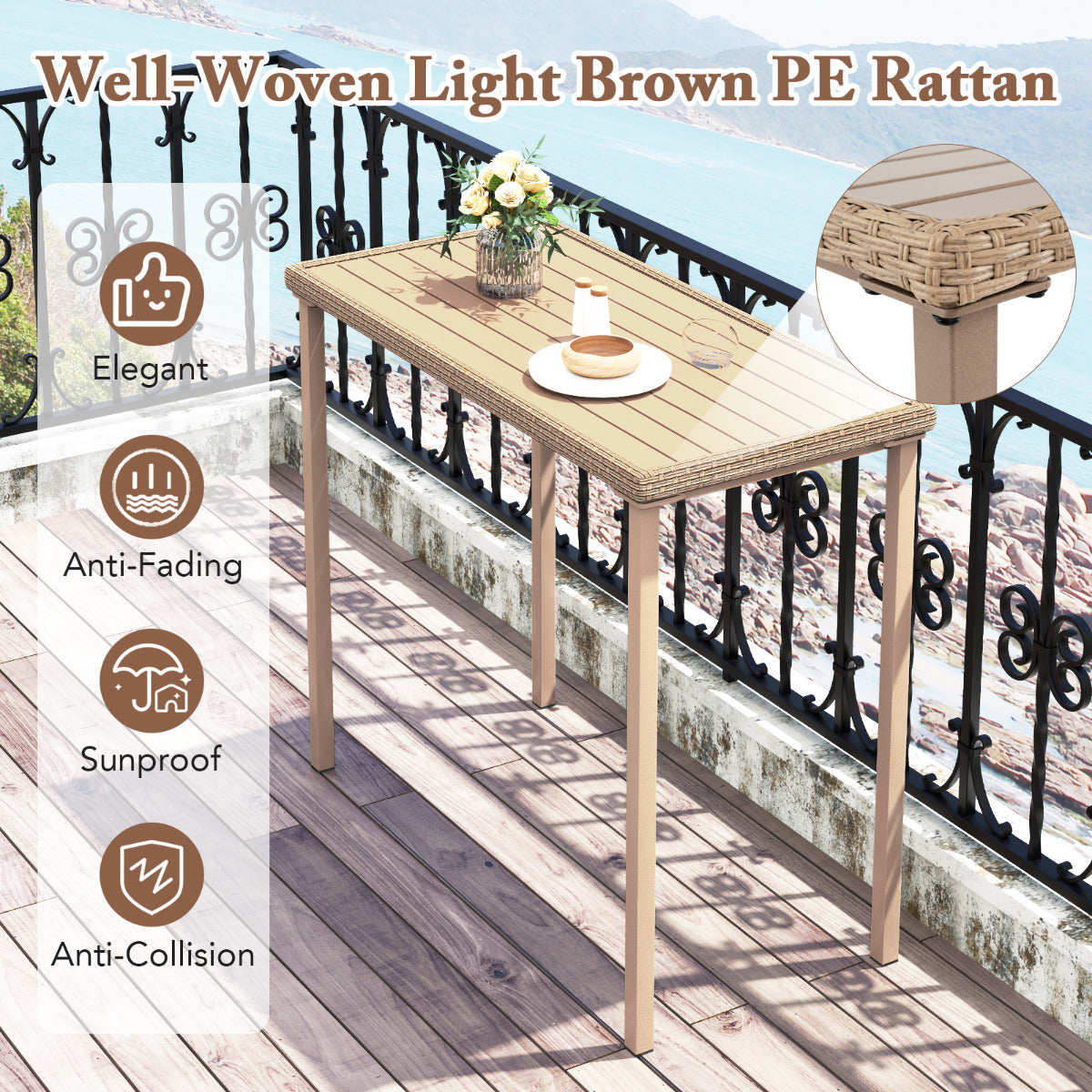 Patio Bar Table with Heavy Duty Rectangle Metal Frame-Brown