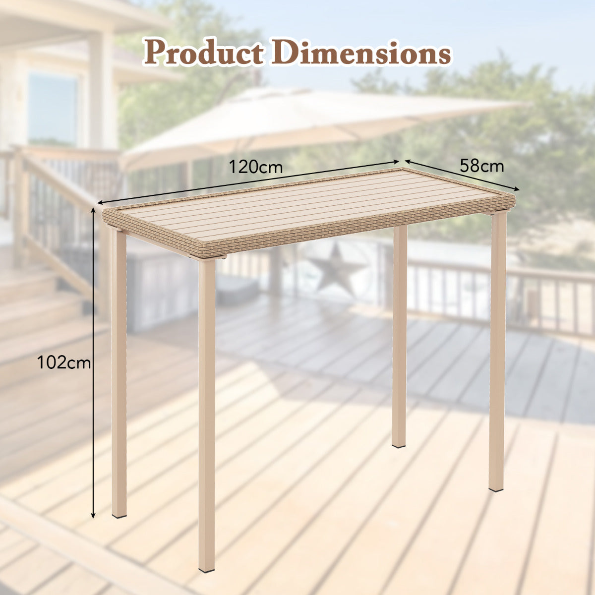 Patio Bar Table with Heavy Duty Rectangle Metal Frame-Brown