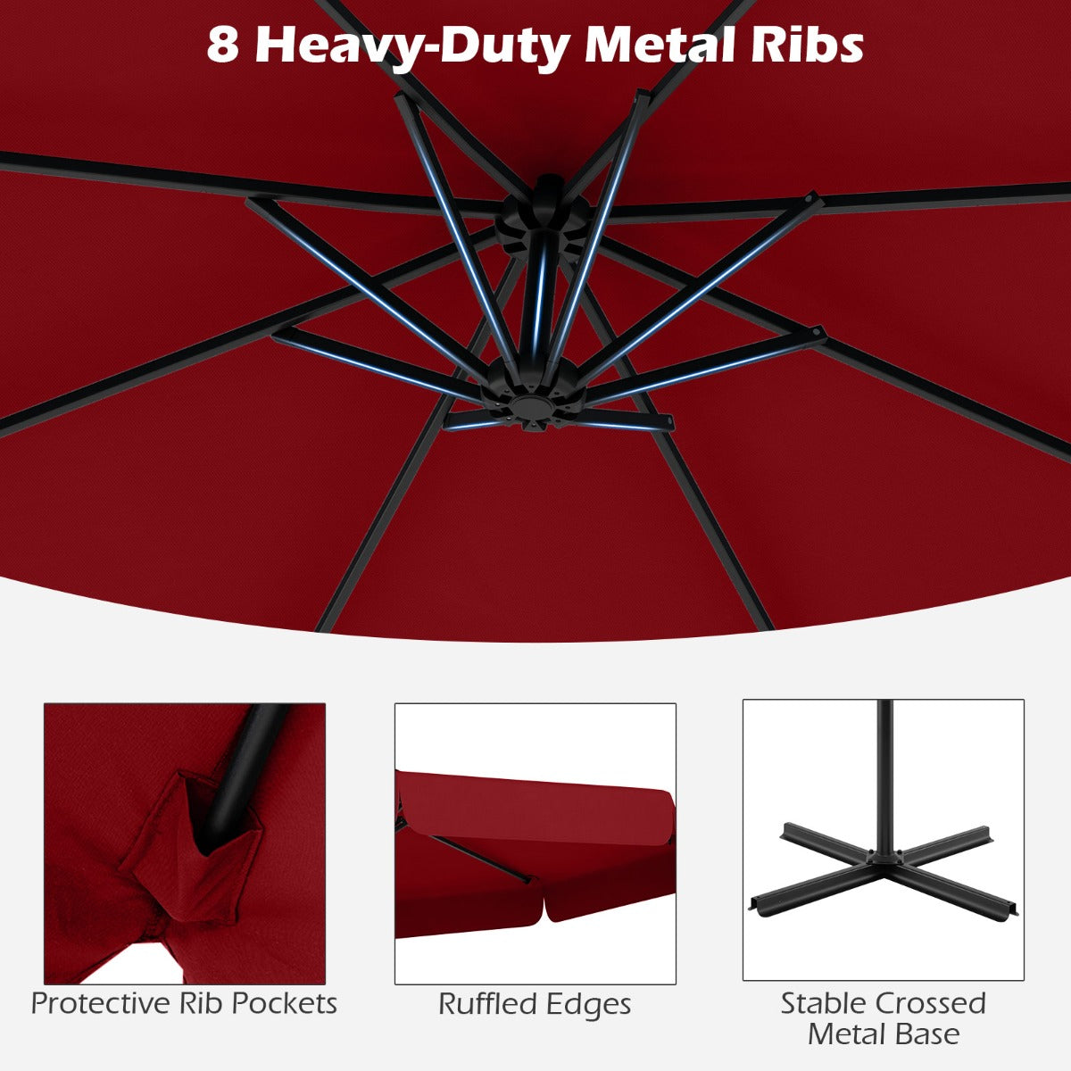 Patio Cantilever Offset Hanging Umbrella with Cover Easy Tilt Adjustment-Red
