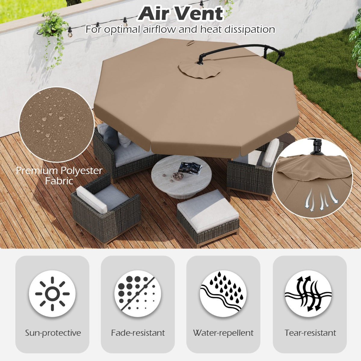 Patio Cantilever Offset Hanging Umbrella with Cover Easy Tilt Adjustment-Walnut