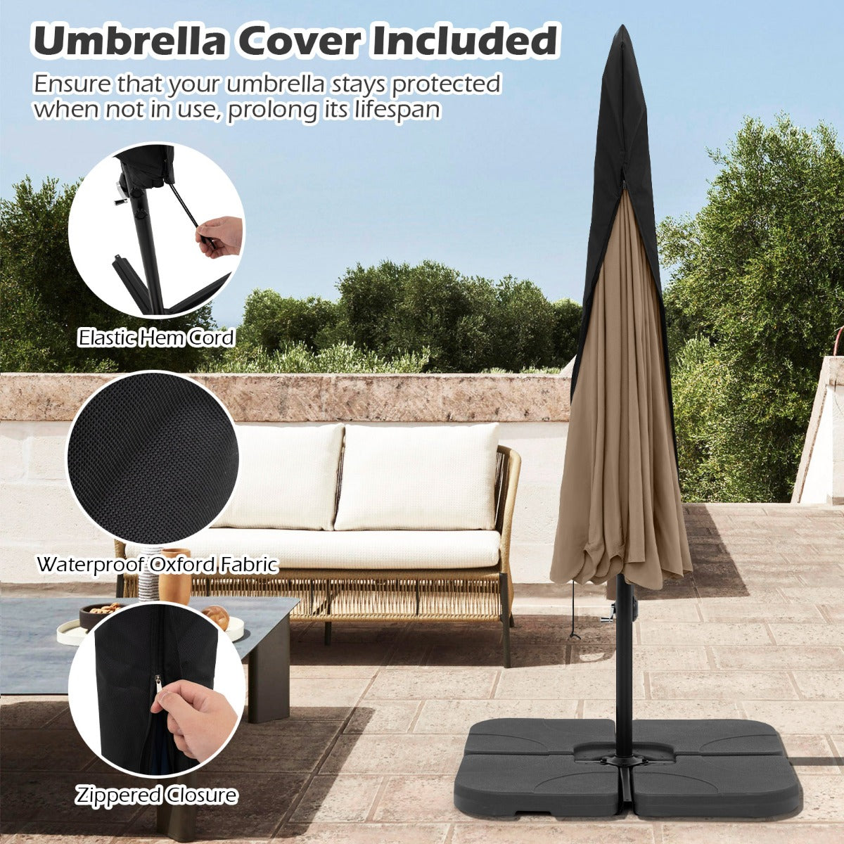 Patio Cantilever Offset Hanging Umbrella with Cover Easy Tilt Adjustment-Walnut