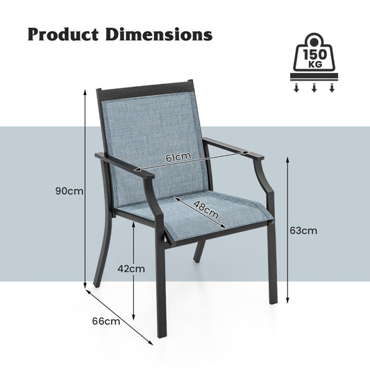 Set of four patio chairs features extra-wide 50 centimetre seats for comfortable outdoor lounging