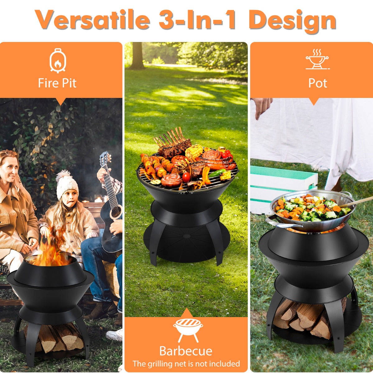 50cm Multifunctional Fire Pit with Pot Holder & Storage for Outdoor Adventures