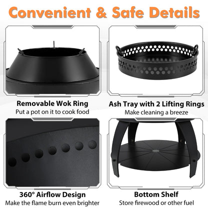 Costway 50CM Patio Fire Pit with Pot Holder and Storage Shelf for Camping BBQ Backyard