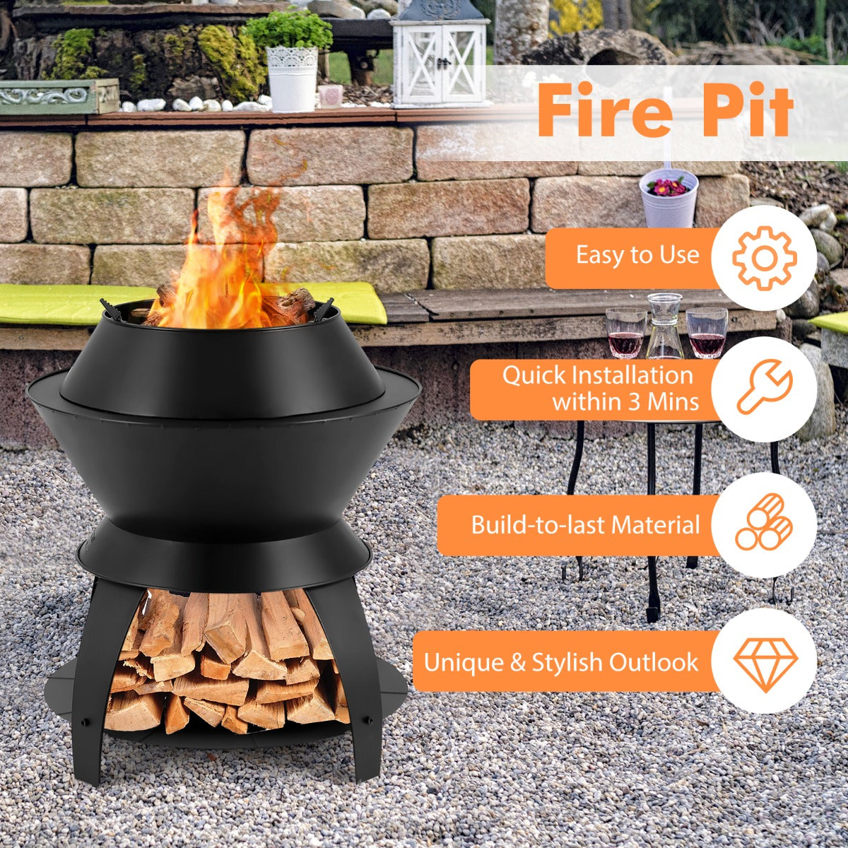 Costway 50CM Patio Fire Pit with Pot Holder and Storage Shelf for Camping BBQ Backyard