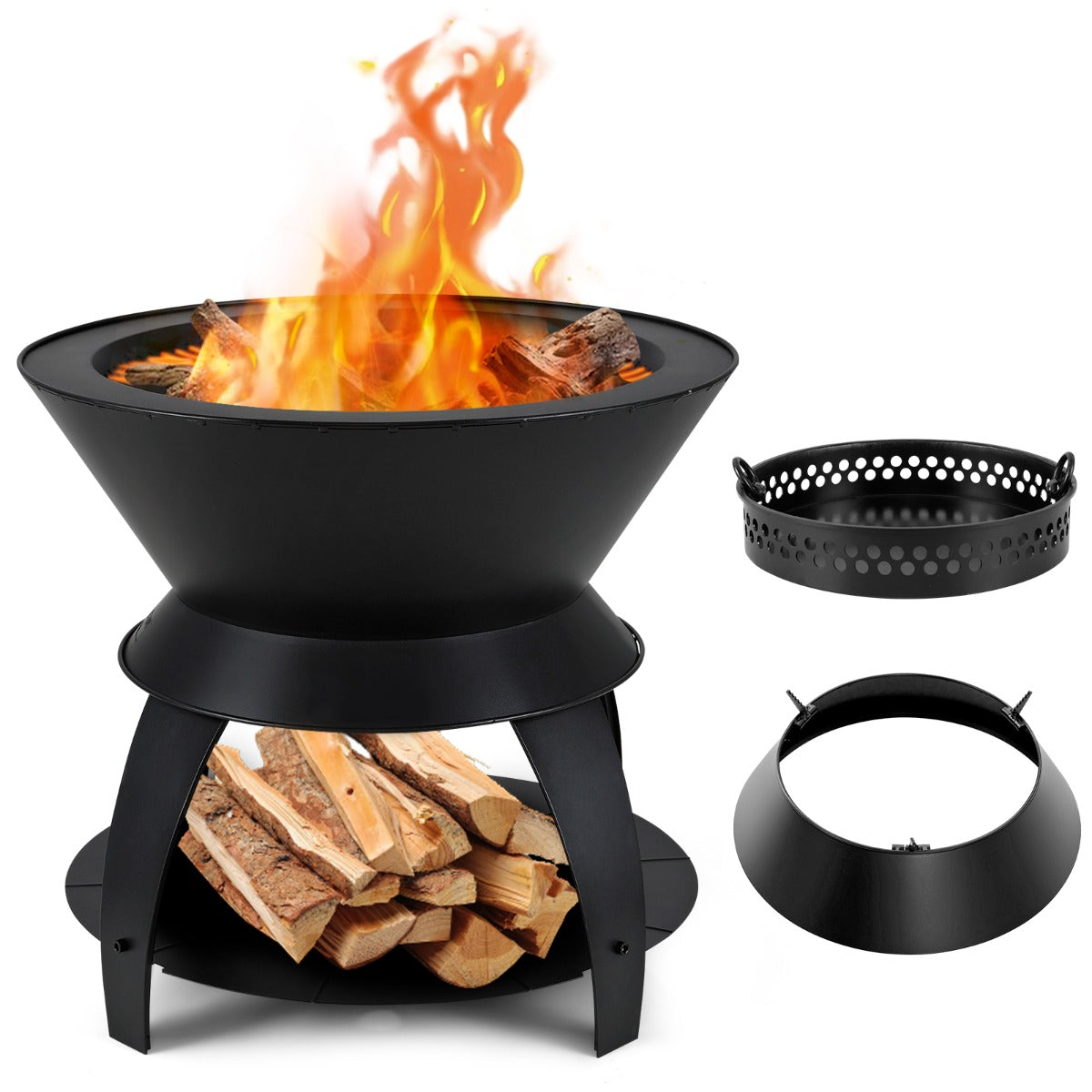 Costway 50CM Patio Fire Pit with Pot Holder and Storage Shelf for Camping BBQ Backyard