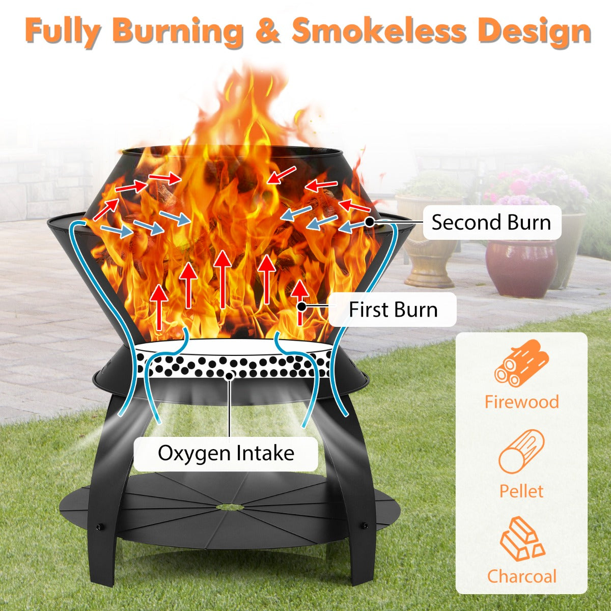 Costway 50CM Patio Fire Pit with Pot Holder and Storage Shelf for Camping BBQ Backyard