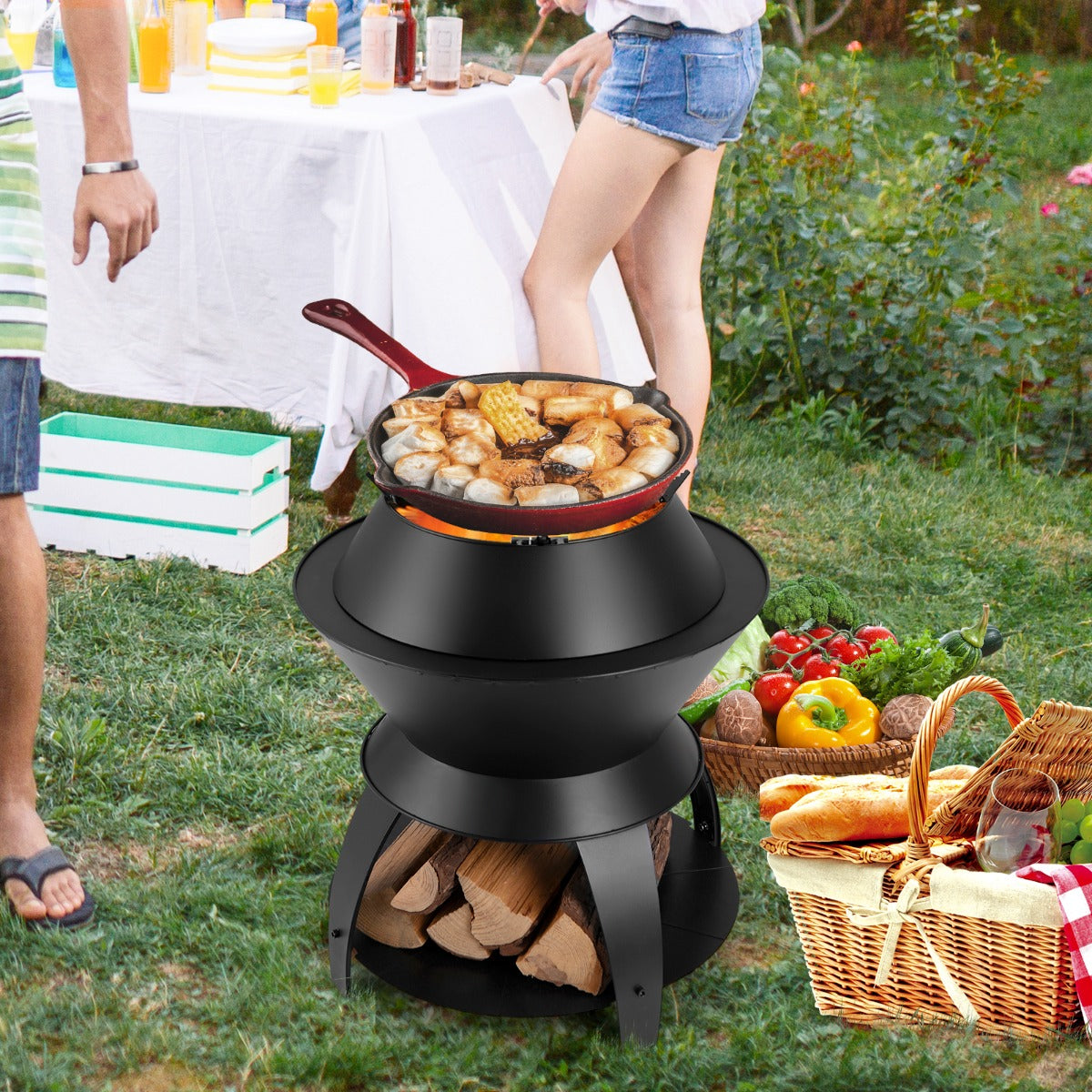 Costway 50CM Patio Fire Pit with Pot Holder and Storage Shelf for Camping BBQ Backyard