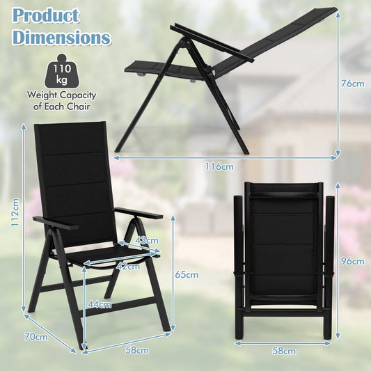 Set of outdoor folding chairs with padded mesh seats, aluminum frames and seven adjustable backrest positions
