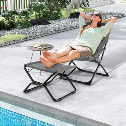 Costway Patio Folding Sling Chair with Ottoman Portable Lounge Chair with Footrest-Grey