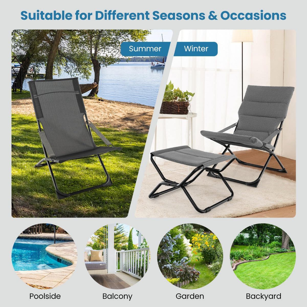 Comfortable folding lounge chair with footrest supports up to 110 kg for versatile outdoor rest