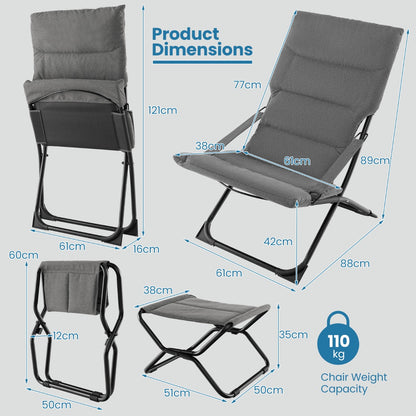 Costway Patio Folding Sling Chair with Ottoman Portable Lounge Chair with Footrest-Grey