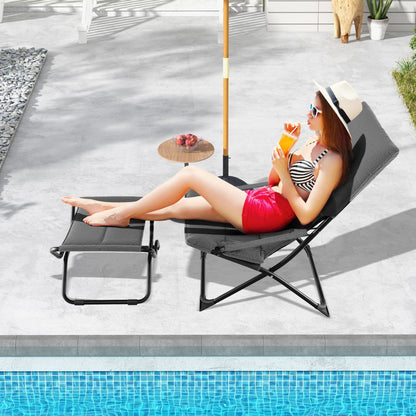 Costway Patio Folding Sling Chair with Ottoman Portable Lounge Chair with Footrest-Grey
