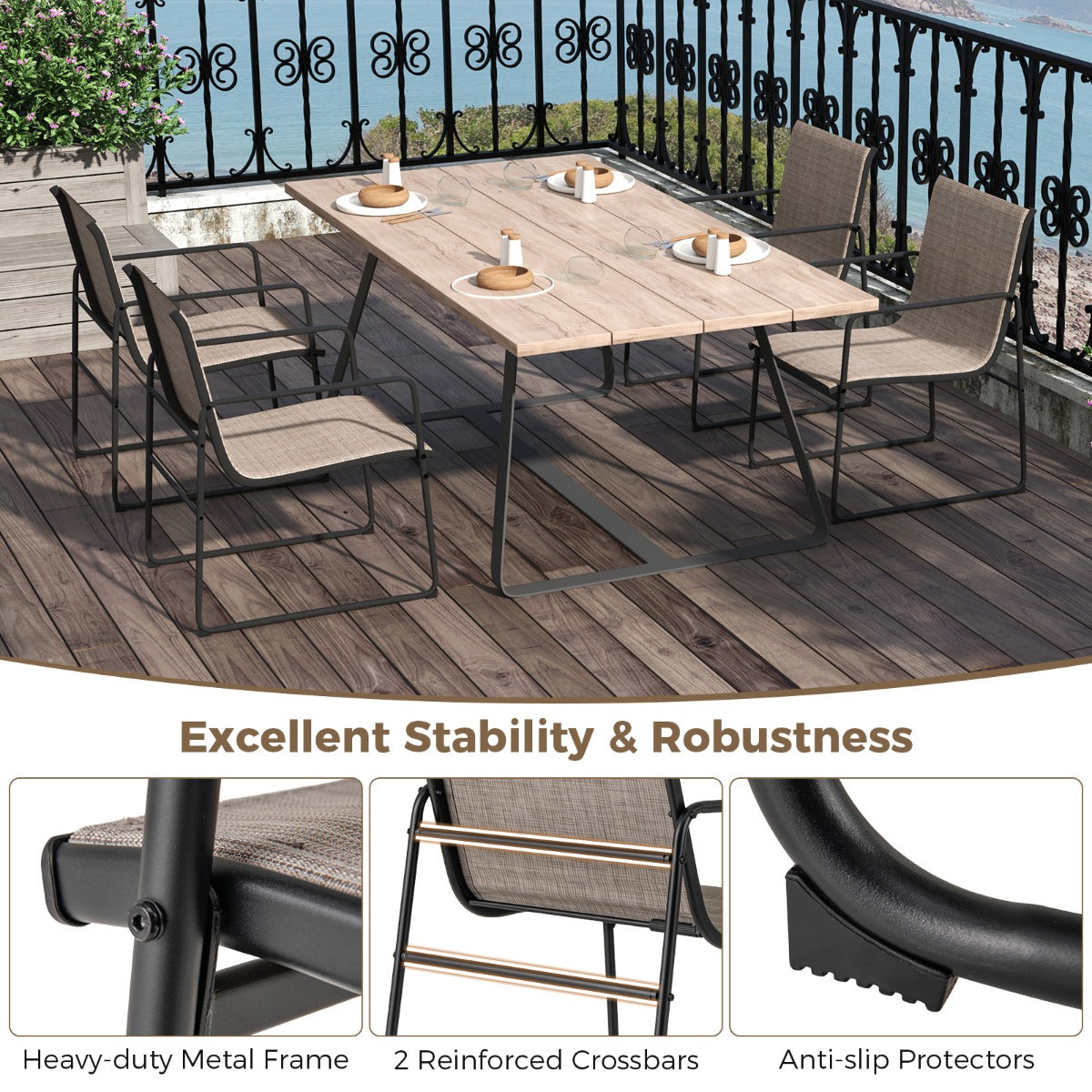 Patio Furniture Outdoor Dining Chairs with Breathable Seat and Backrest-Coffee-2 pieces