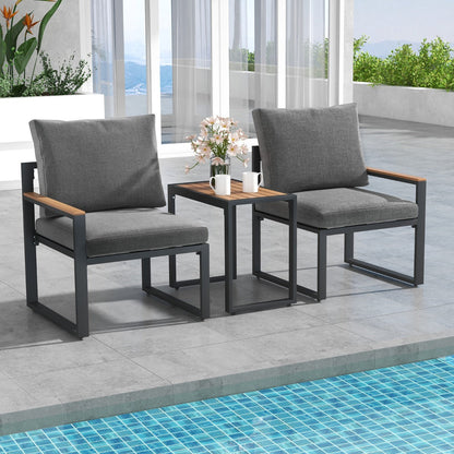 Comfortable aluminum patio set includes plush Olefin cushions filled with high-density sponge for support