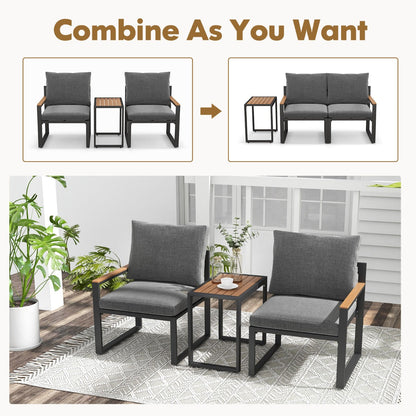 Adjustable footpads help each aluminum patio chair and coffee table stand securely on uneven surfaces
