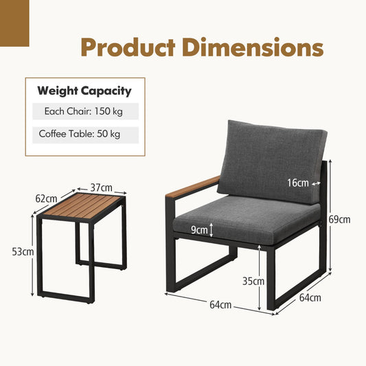 Three-piece aluminum patio sofa set with two chairs, a WPC coffee table, and thick gray cushions