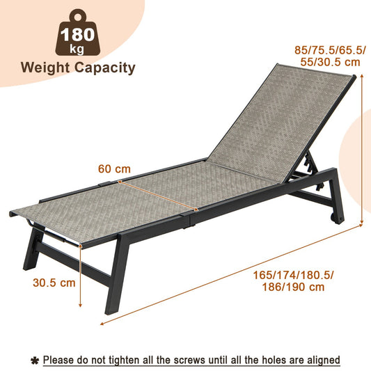 Adjustable patio chaise lounge with grey PE wicker, galvanized steel frame and two smooth mobility wheels