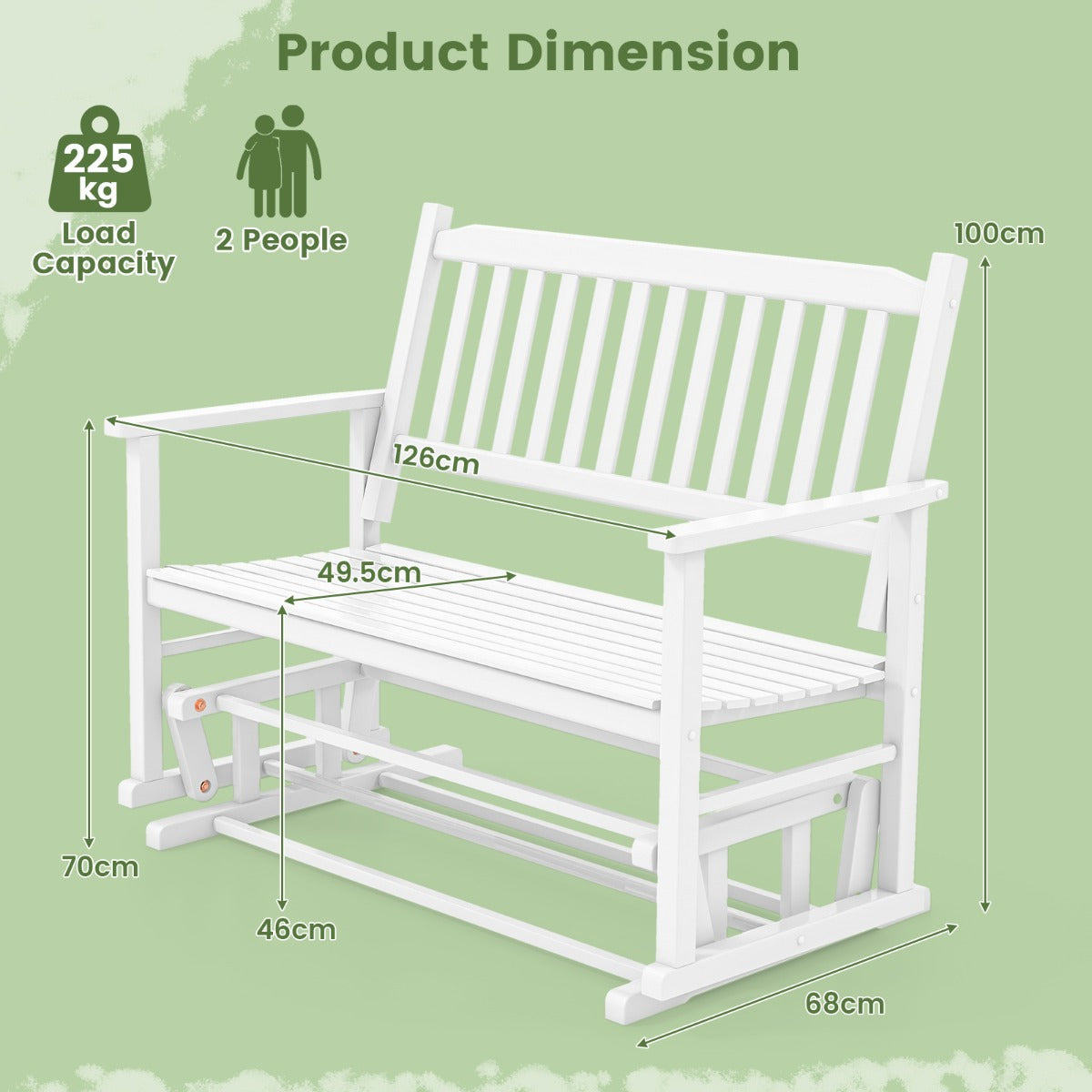 White solid poplar wood outdoor glider bench designed for two people to relax together